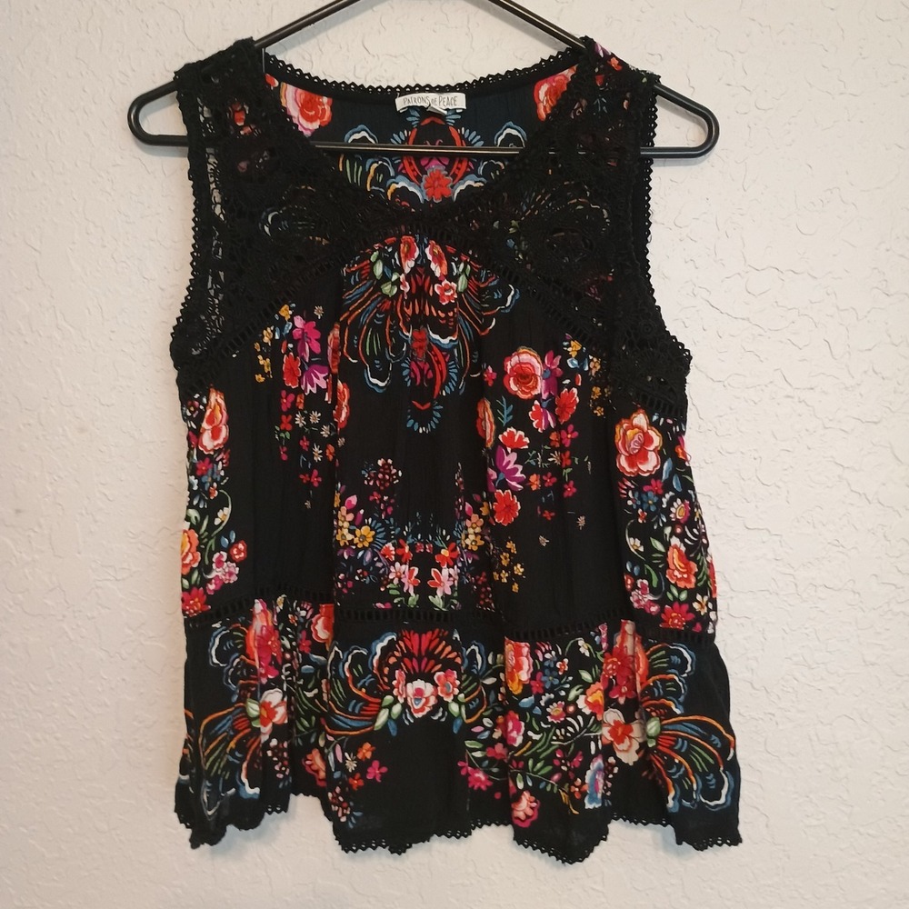 Patrons of Peace Black Floral Lace Boho Tank Top Small